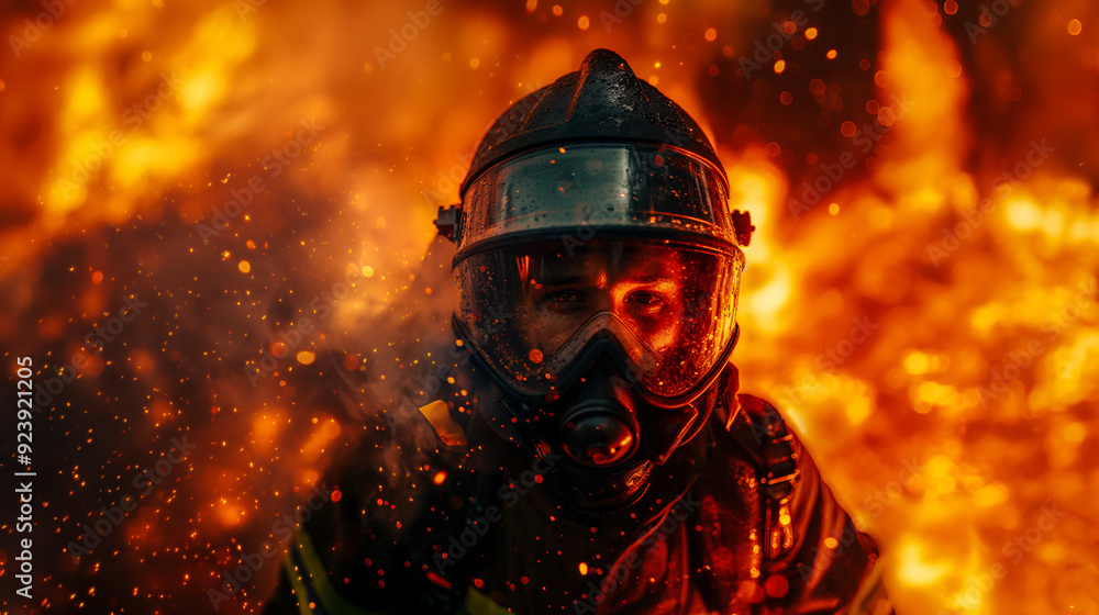 Firefighter in full uniform extinguishing and fighting with fire flame in an emergency under danger situation. Firefighter in full uniform extinguishing and fighting with fire flame in an emergency under danger situation.