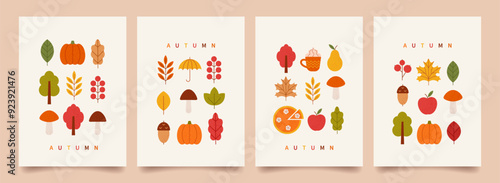 Autumn vibe. Minimal geometric poster set. Fall leaves, pumpkin pie, apple, mushrooms, fall trees, mug hot cocoa, pumpkins. Harvest Day and Thanksgiving backgrounds. Vector flat illustration.