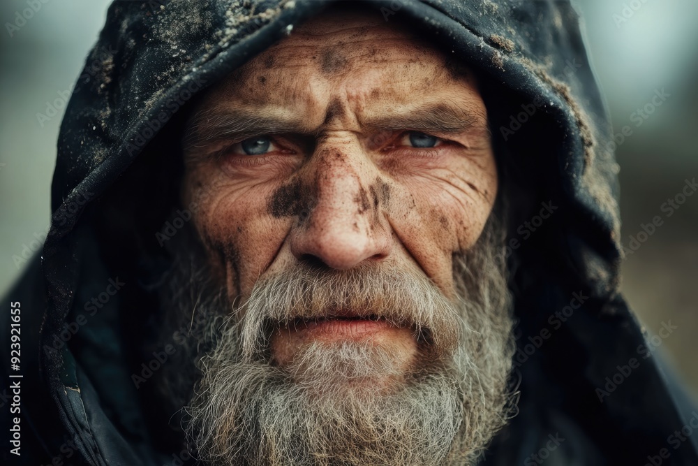 Rugged outdoor man with intense gaze in natural environment Rugged outdoor man with intense gaze in natural environment