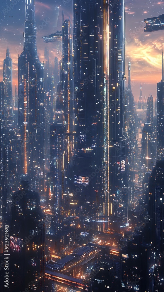 A Futuristic Cityscape with Skyscrapers and Flying Vehicles A Futuristic Cityscape with Skyscrapers and Flying Vehicles