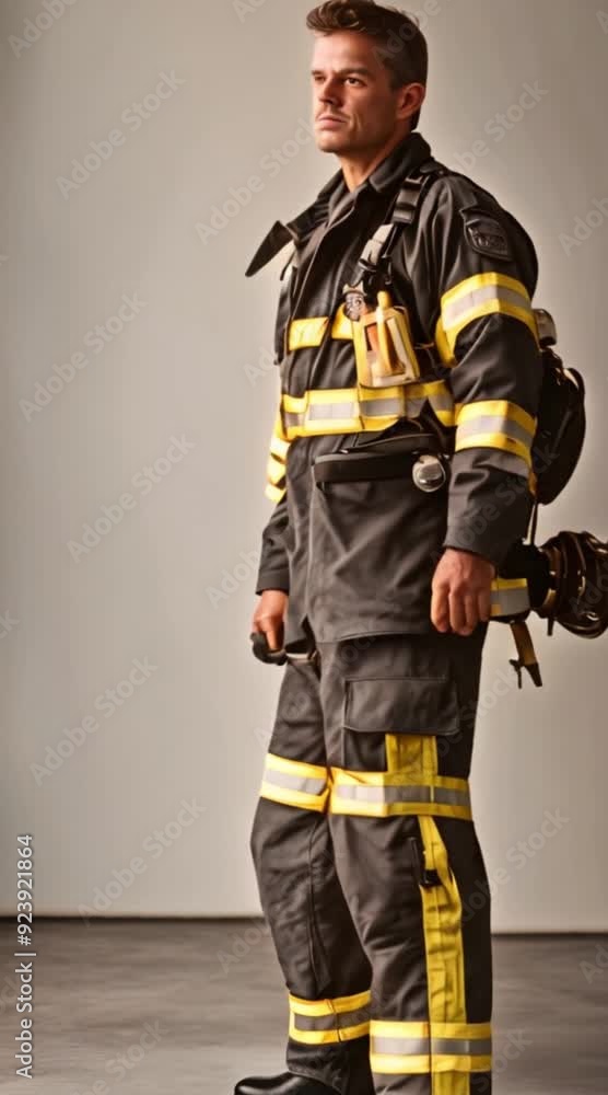 Serious firefighter in uniform, ready for action.
Serious firefighter in uniform, ready for action.
