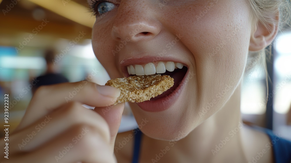 Close-up of a woman delightfully biting into a whole grain cracker, her joyful expression reflecting her enjoyment. Close-up of a woman delightfully biting into a whole grain cracker, her joyful expression reflecting her enjoyment.
