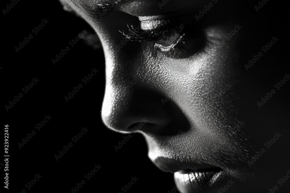 Contemplative close-up portrait of person in black white Contemplative close-up portrait of person in black white