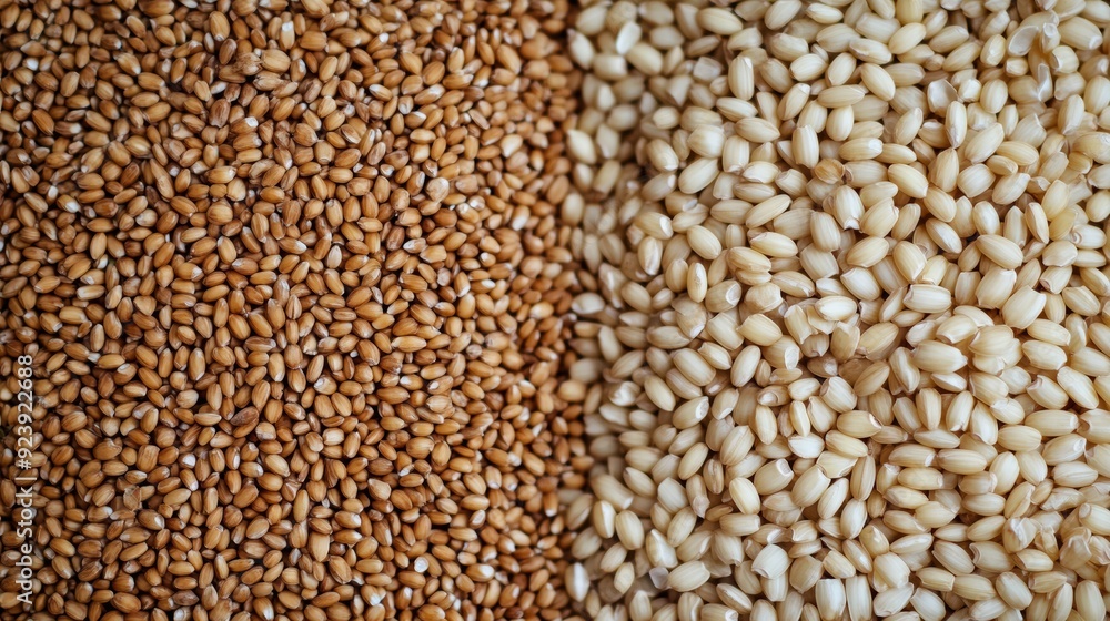 A close-up of sesame seeds and grains showing a contrast between golden and ivory colors, split down the middle. A close-up of sesame seeds and grains showing a contrast between golden and ivory colors, split down the middle.