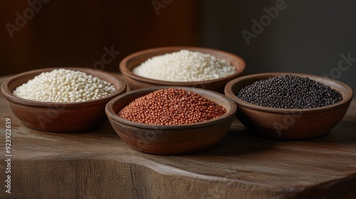 Four bowls of colorful grains neatly arranged on a rustic wooden table, emphasizing variety and wholesomeness in diet.
