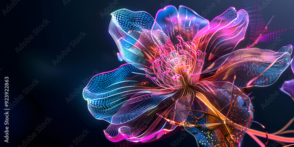 Naklejka premium Futuristic digital flower with glowing petals in vibrant colors, blending technology and nature in a captivating visual art piece