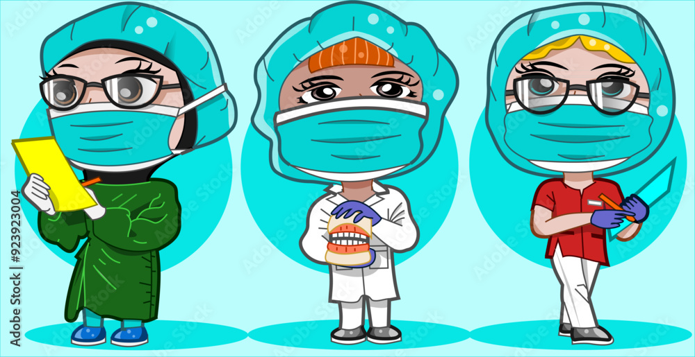 CIMAHI,INDONESIA-AUGUST 15, 2024-Cute three dentists are wearing masks and costumes. Vector character cartoon illustration graphic design for collection, poster,background,wallpaper,sticker. CIMAHI,INDONESIA-AUGUST 15, 2024-Cute three dentists are wearing masks and costumes. Vector character cartoon illustration graphic design for collection, poster,background,wallpaper,sticker.