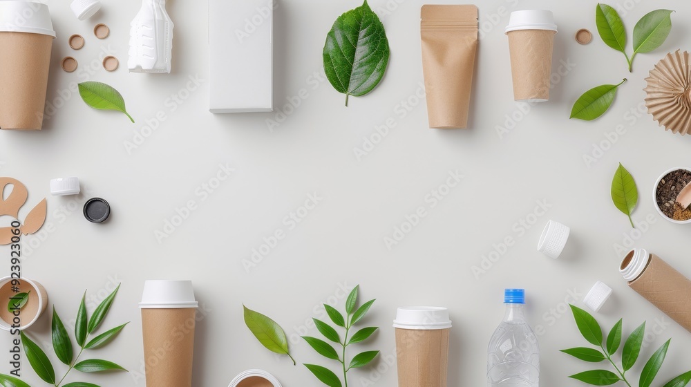 A white background with a bunch of items including a bottle of lotion, a cup A white background with a bunch of items including a bottle of lotion, a cup