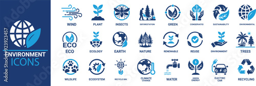 Adobe IllustraEnvironment icon set. Containing recycling, plant, nature, eco, earth, green energy, trees, ecology and more. Solid vector icons collectiontor Artwork