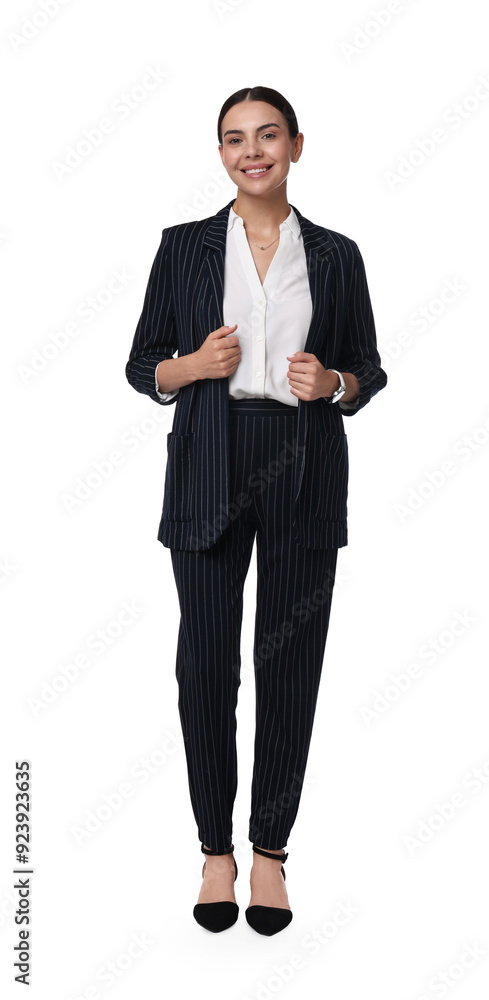 Beautiful woman in black striped suit on white background Beautiful woman in black striped suit on white background