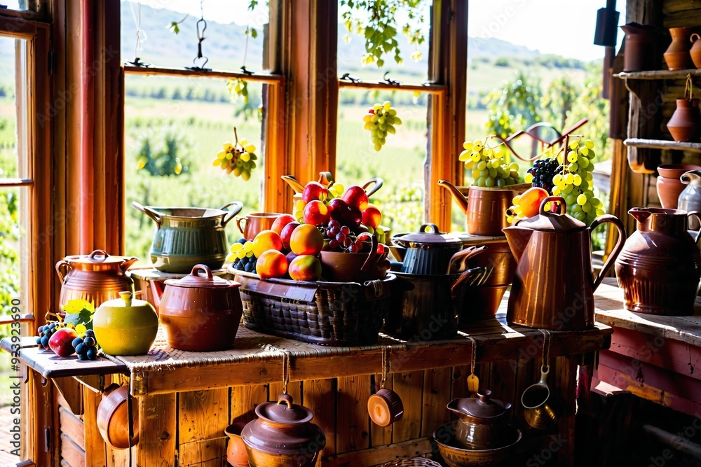 A busy kitchen scene with various pots and pans stored on the counter, perfect for illustrations of meal prep or cooking classes A busy kitchen scene with various pots and pans stored on the counter, perfect for illustrations of meal prep or cooking classes