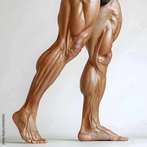 Muscular Male Legs in Detailed Anatomical Study Against Plain Background