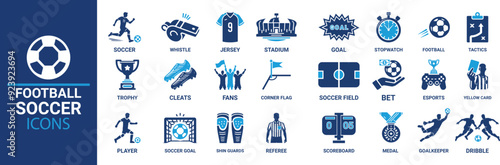 Adobe IllustratFootball and soccer icon set. Containing jersey, soccer field, stadium, referee, goal, trophy, dribble, player and more. Solid vector icons collectionor Artwork