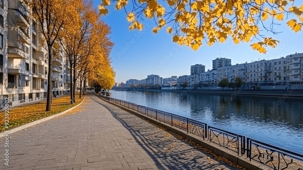 A serene river reflects modern architecture and vibrant autumn leaves under a clear sky, creating a harmonious blend of nature and urban life