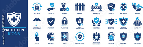 Protection icon set. Containing safe, shield, lock, security, alarm, umbrella, guard, fence and more. Solid vector icons collection.