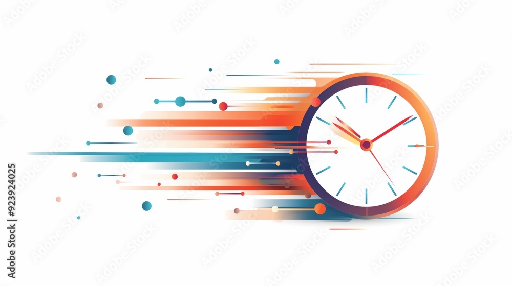 A Dynamic Illustration Of A Clock With Streaks Of Orange And Blue