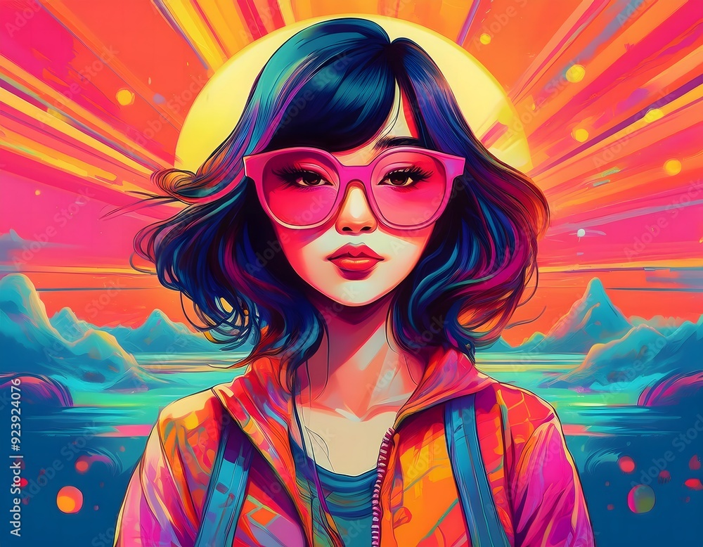 Fototapeta premium The girl with the glasses, the summer vibe, Vetore art, Solid colors art, Summer theme