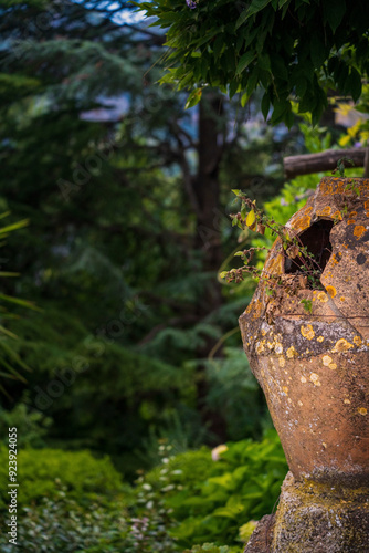 Obraz na płótnie Old Stone Pot with Greenery in Lush Garden Setting, Terrace of Infinity, Gardens of Villa Cimbrone villa in ravello, Italy, Europe w salonie