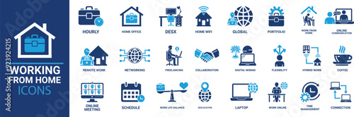 Adobe Illustrator ArtworkWorking from home icon set. Containing remote work, work online, freelancing, home office, digital nomad, portfolio and more. Solid vector icons collection