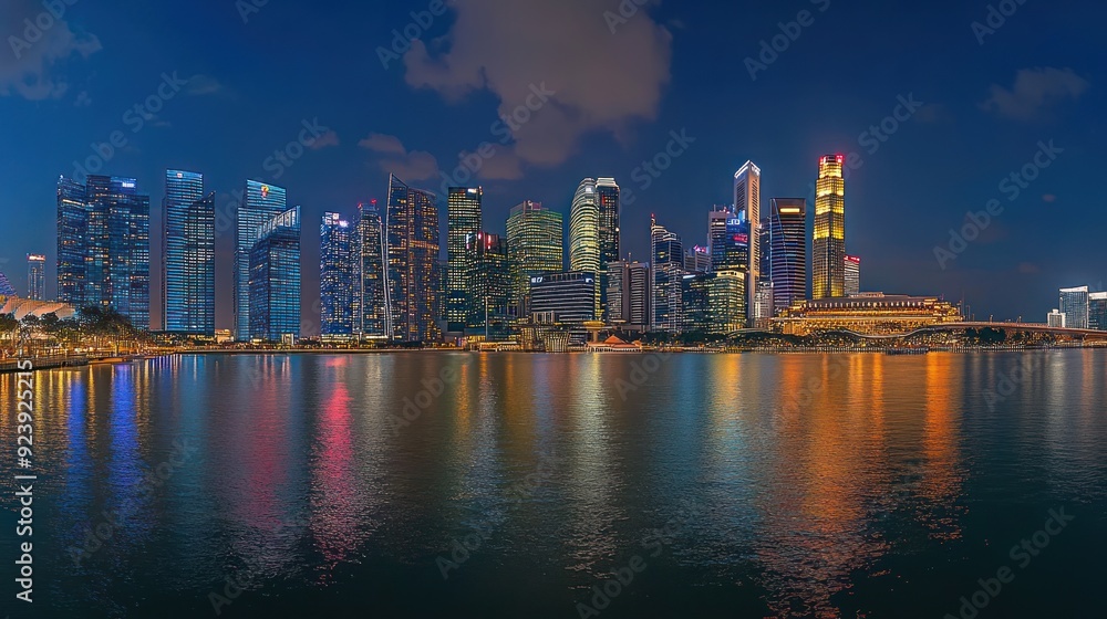 Fototapeta premium Illuminated Skyscrapers Reflecting in Still Water at Night