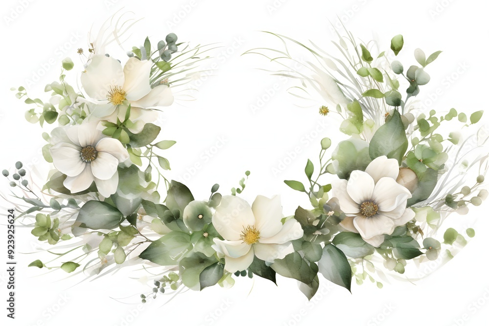 Fototapeta premium Wreath of white flowers and green leaves