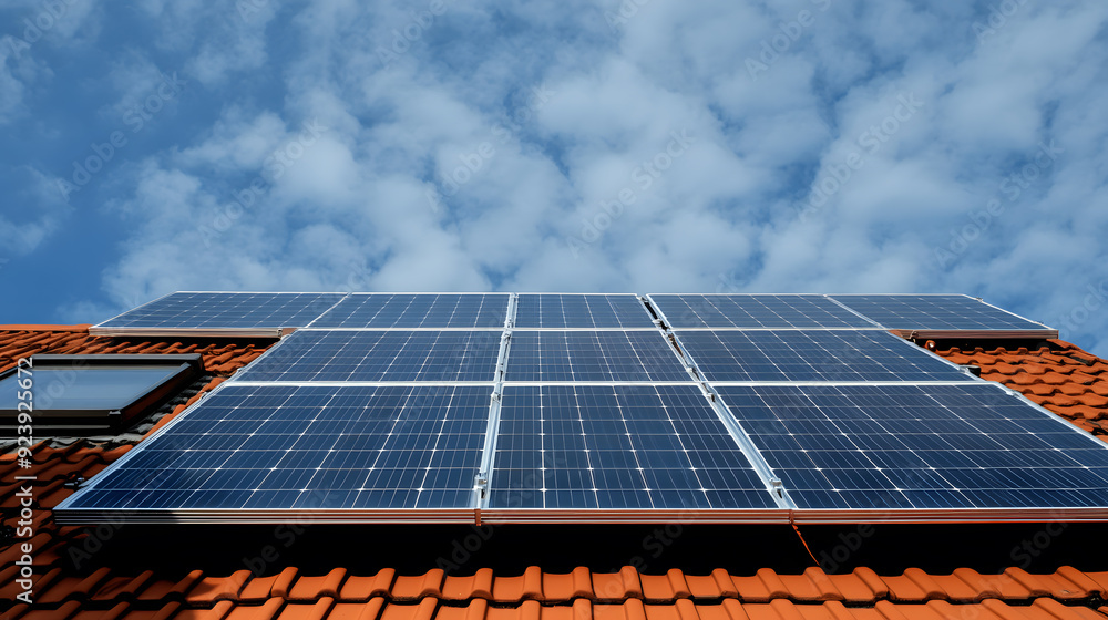 Solar panels on the roof, blue clouds on sky Solar panels on the roof, blue clouds on sky