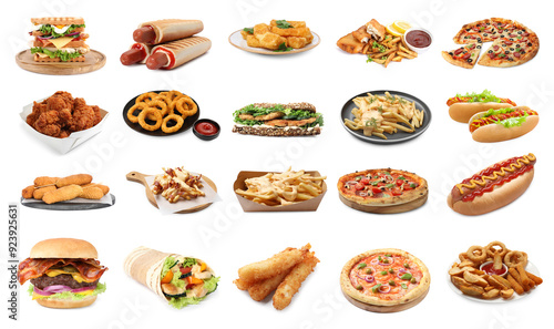 Collage with different tasty fast food on white background