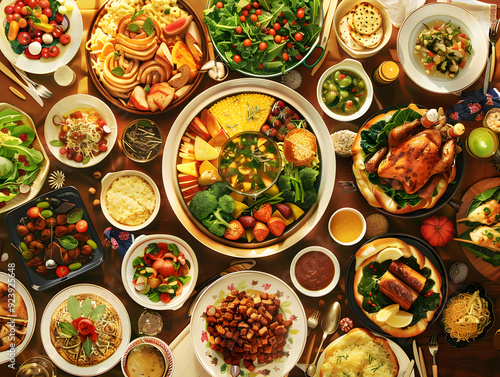 A diverse selection of homemade dishes representing different cultures at a community potluck dinner.