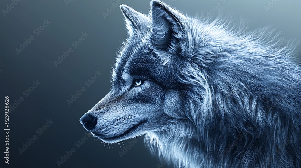 Fototapeta premium Majestic 3D Illustration of Regal Wolf's Head in Profile with Detailed Fur Patterns on Gradient Background in Cool Colors - Digital Art