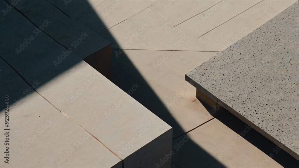 Fototapeta premium A concrete bench casting a shadow, highlighting its texture and form in a serene outdoor setting