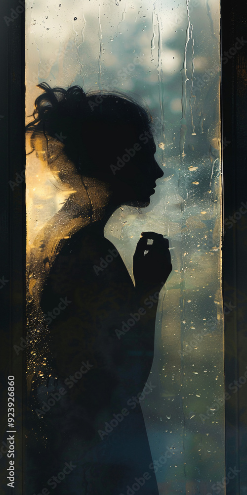 custom made wallpaper toronto digitalSilhouette of a woman behind a foggy glass door with condensation and water droplets, creating a mysterious and moody atmosphere with soft ethereal lighting, evoking introspection and solitude