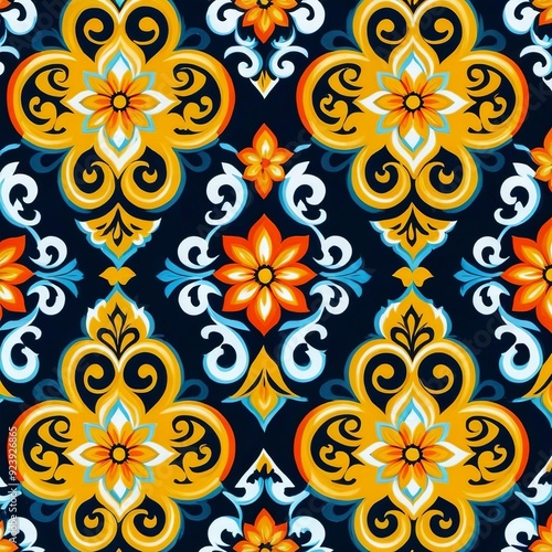 A vibrant floral pattern featuring blue and orange hues on a dark black background