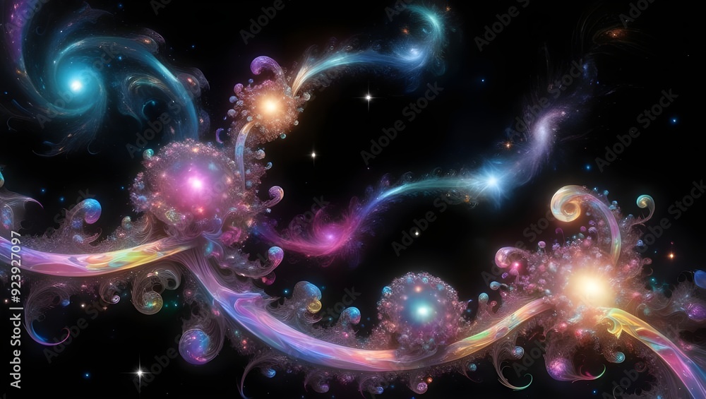 A surreal fractal art piece set in the depths of space, featuring a complex arrangement of shapes and colors that mimic the beauty and chaos of the universe, with stars and galaxies as a backdrop. A surreal fractal art piece set in the depths of space, featuring a complex arrangement of shapes and colors that mimic the beauty and chaos of the universe, with stars and galaxies as a backdrop.