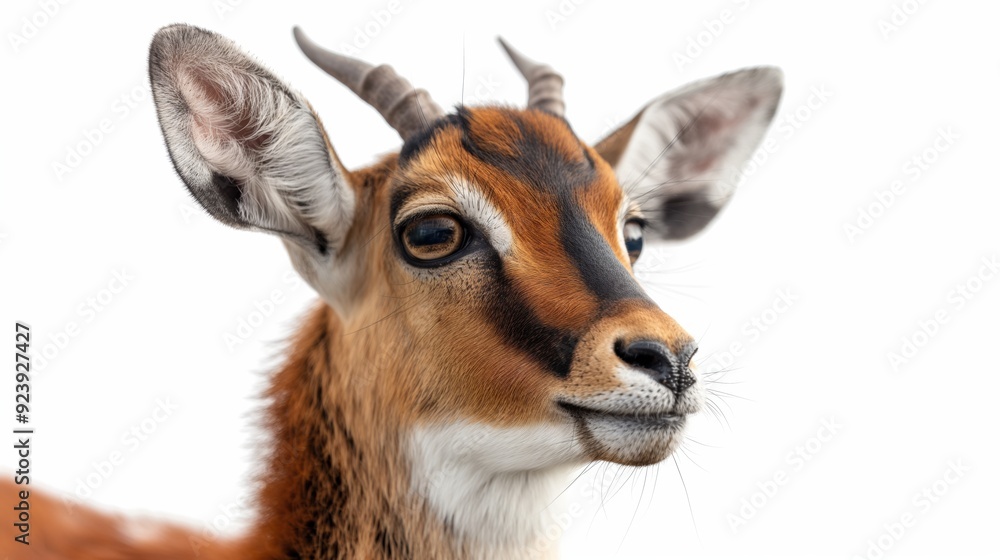 Fototapeta premium A close-up of an antelope's face, featuring its dark eyes, small horns, and a white patch around its mouth, isolated on a white background.