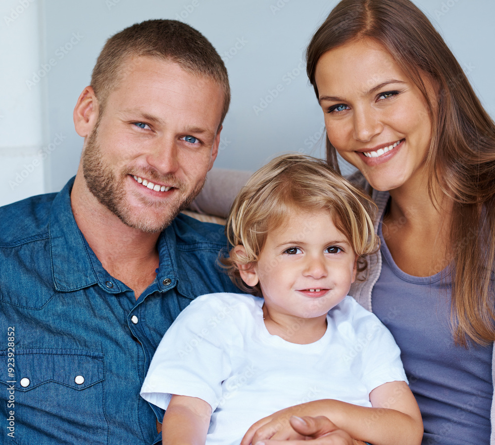 Happy family, boy and portrait in home hug, love and security in childhood to relax on weekend. Kid, mother and father in embrace for support in relationship, connection and living room for care Happy family, boy and portrait in home hug, love and security in childhood to relax on weekend. Kid, mother and father in embrace for support in relationship, connection and living room for care