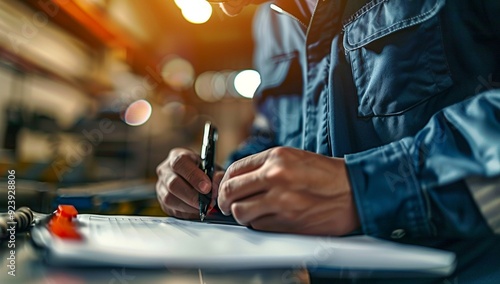 Person working on desk with pen and document paper construction concept 