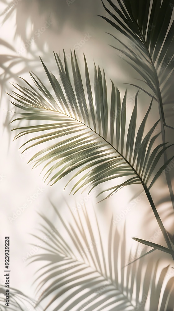 Fototapeta premium Palm Leaf Casting Light and Shadow on White Wall