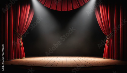 Scène théâtre opéra rideaux rouges projecteurs planches.