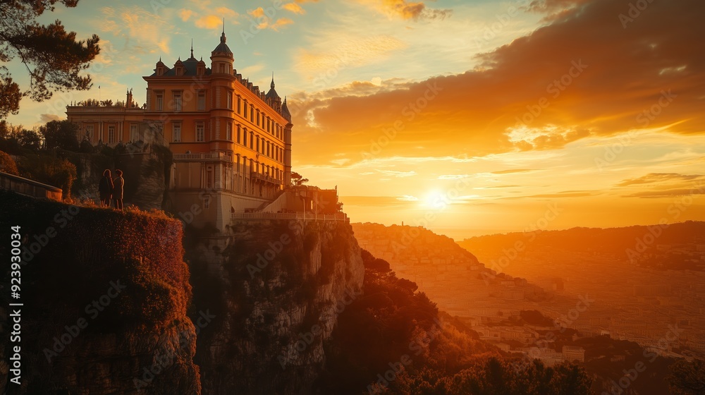 Fototapeta premium Sunset view of a historic mansion perched on a cliff in a scenic landscape
