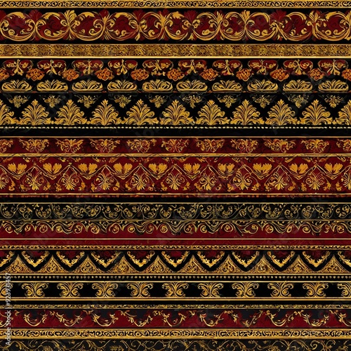 A vibrant striped pattern featuring red, black, and gold colors