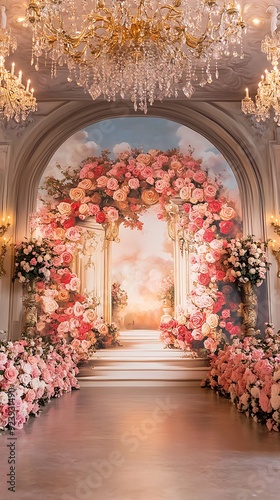 Floral Archway in a Grand Hall with Chandeliers