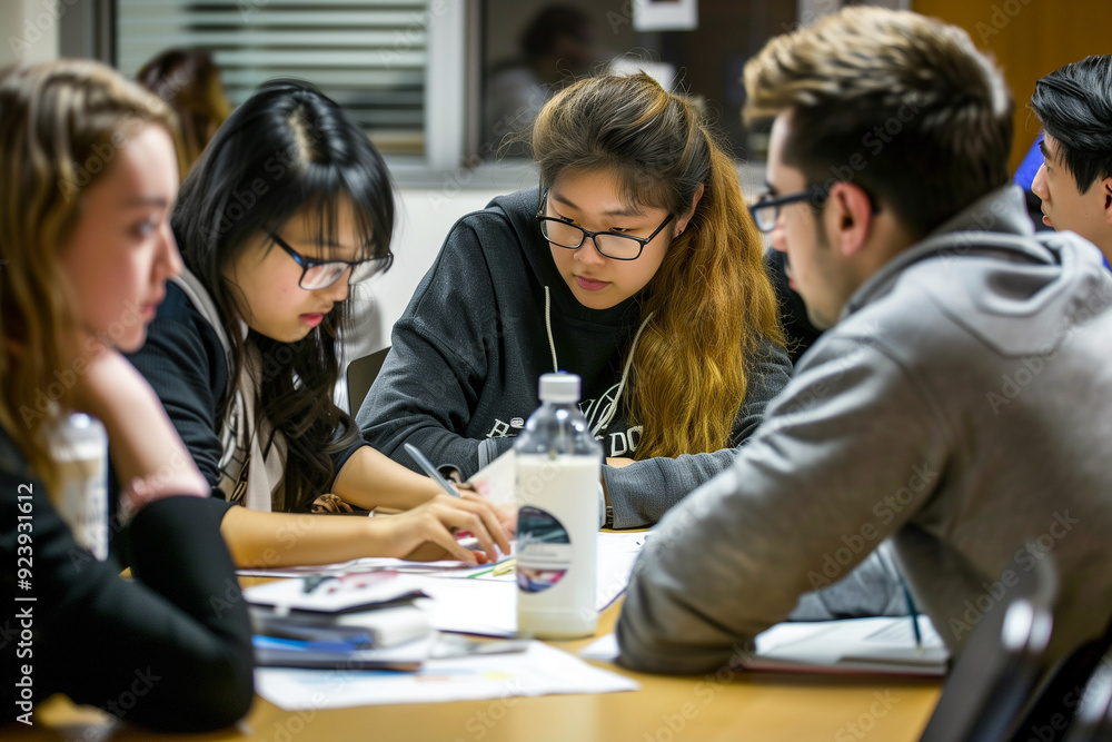 Team of students discussing a project in a study room, soft indoor lighting, collaborative mood. Generative AI Team of students discussing a project in a study room, soft indoor lighting, collaborative mood. Generative AI