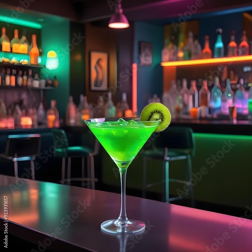 Absinthe, a bright green drink in a cocktail glass with ice cubes photo