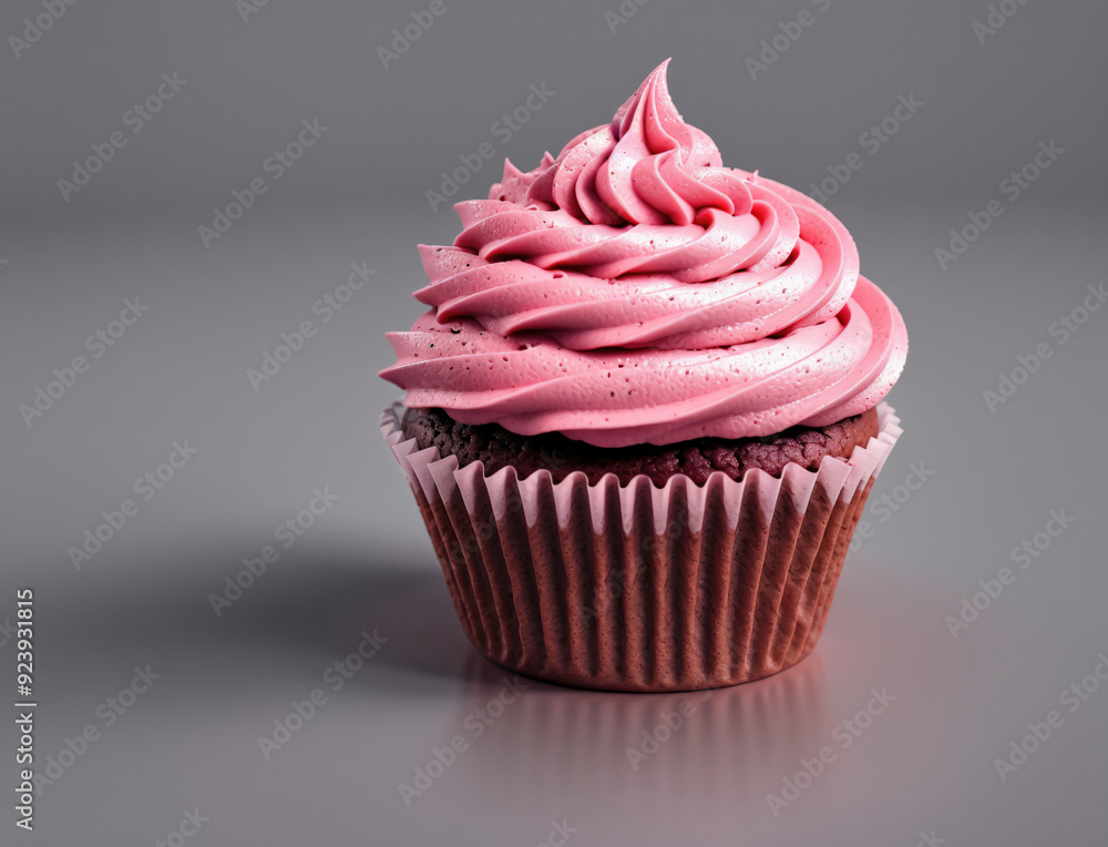 Delicious Pink Frosted Cupcake With Swirls of Creamy Icing on a Gray Background Delicious Pink Frosted Cupcake With Swirls of Creamy Icing on a Gray Background