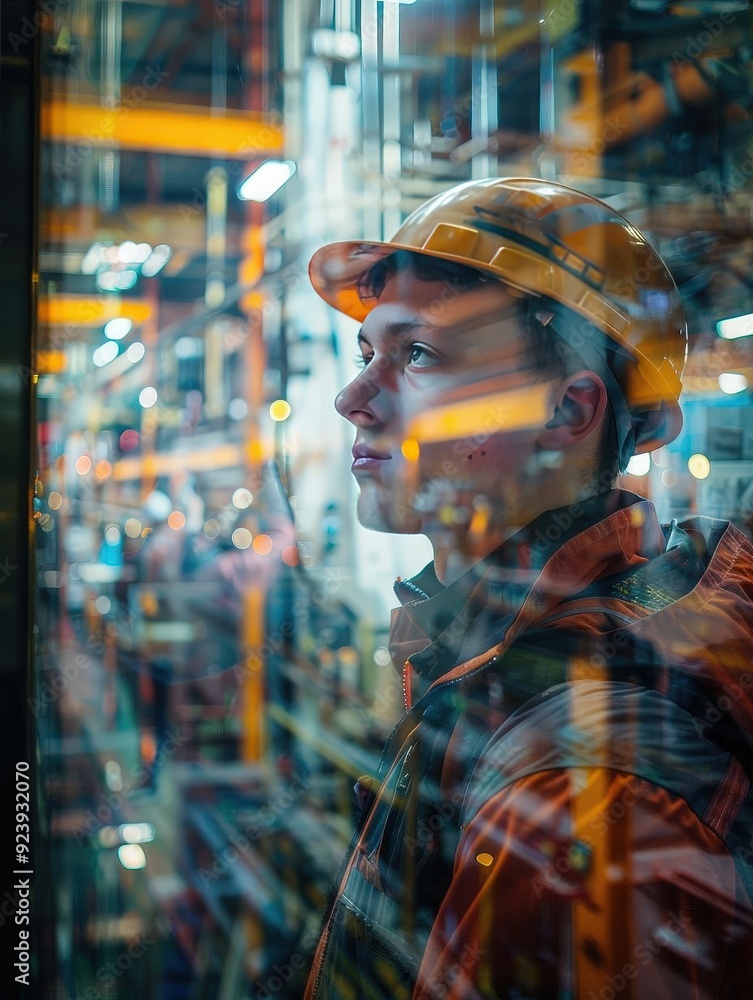 Factory shift change, capturing the flow of workers (focus on, workforce theme, realistic, double exposure, factory entrance backdrop) Factory shift change, capturing the flow of workers (focus on, workforce theme, realistic, double exposure, factory entrance backdrop)
