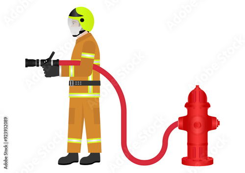 Firefighter with Red Hydrant. Vector Illustration Isolated on White Background.
