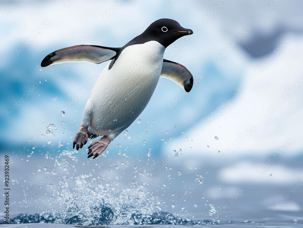 Fototapeta premium An Adelie penguin leaping out of the icy Antarctic waters, droplets of water suspended in mid-air as it ascends, with icebergs in the background