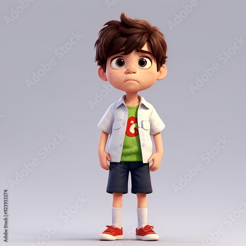 a child boy in sad mood 3d cartoon style