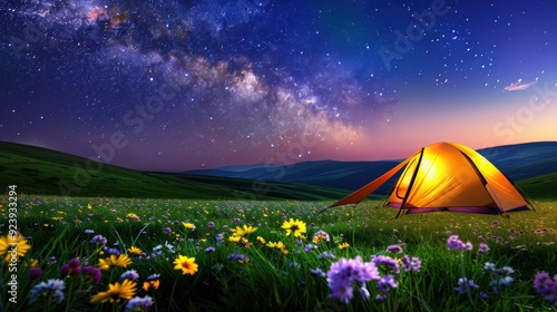 Wallpaper Mural Serene Campsite in Meadow with Wildflowers and Starlit Sky Over Rolling Hills Torontodigital.ca