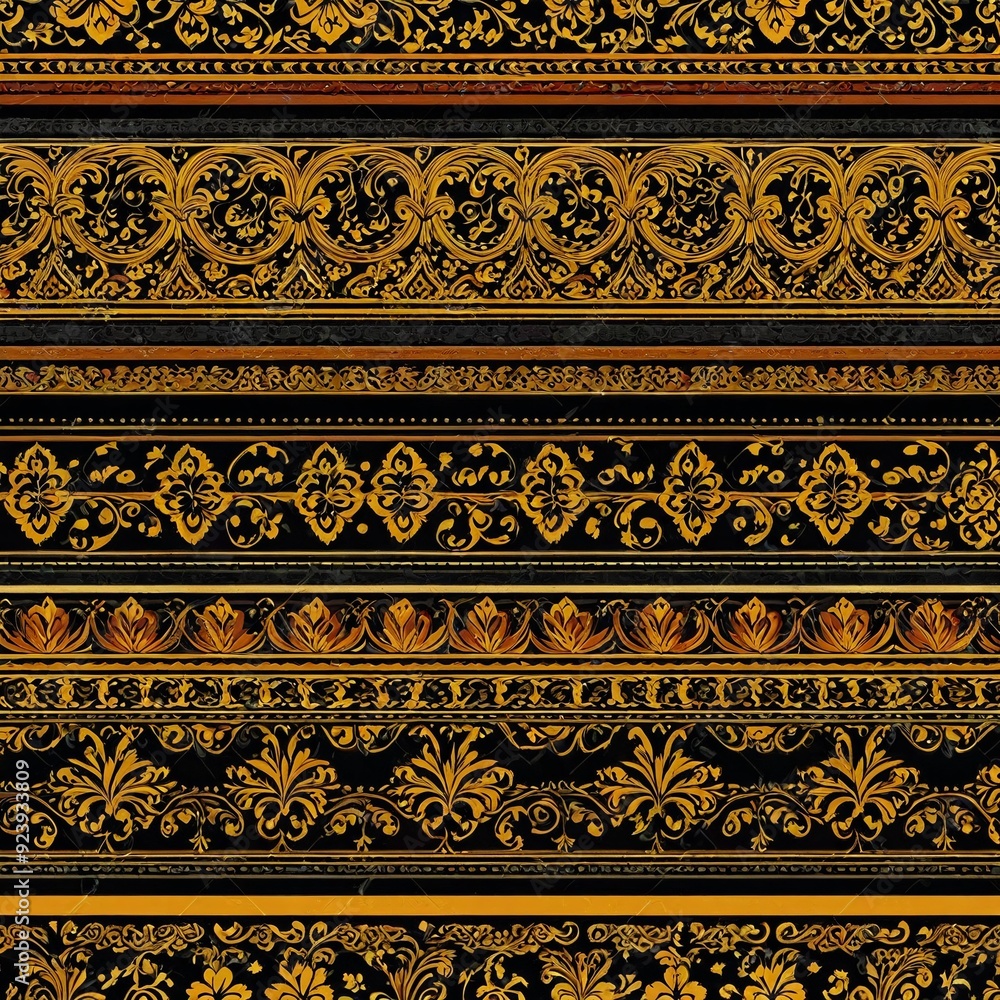 A unique wallpaper design featuring black and gold stripes with intricate ornaments A unique wallpaper design featuring black and gold stripes with intricate ornaments